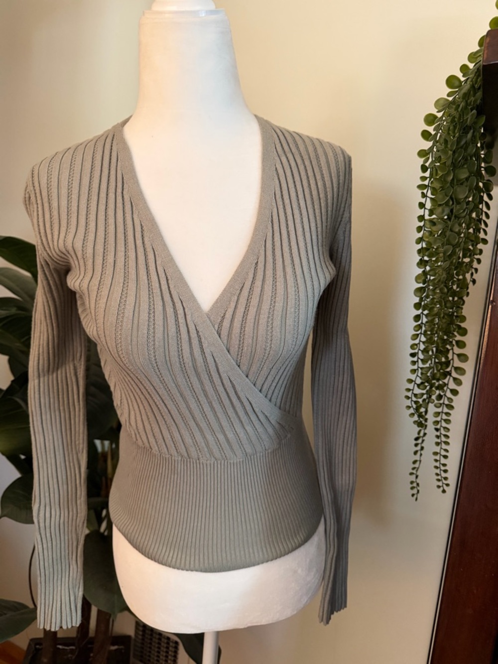Pink Rose Sage Ribbed Wrap V-Neck Sweater
